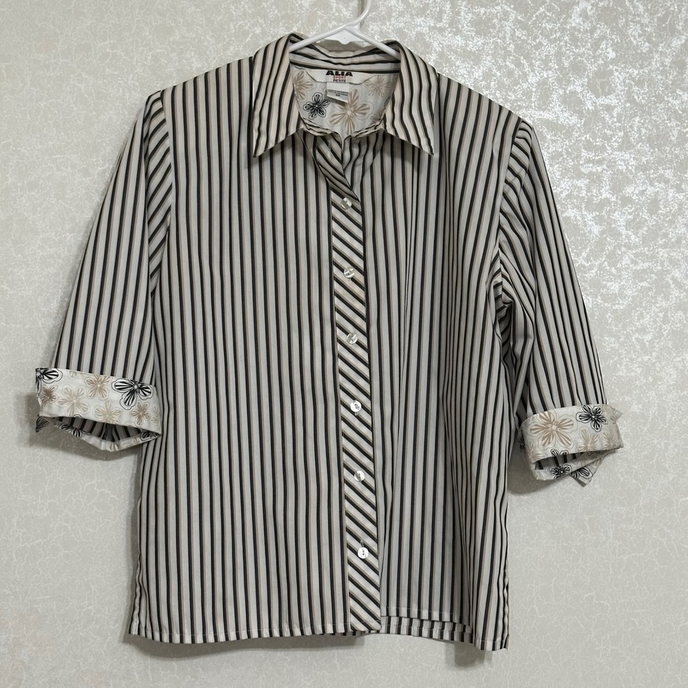 Alia Sport Striped Button Up Shirt Floral Cuff Black Tan White Neutral Career 8P